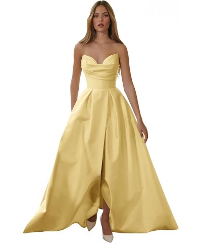 Strapless Sweetheart Prom Dresses Long A Line Slit Satin Formal Evening Party Gown Yellow $45.04 Dresses