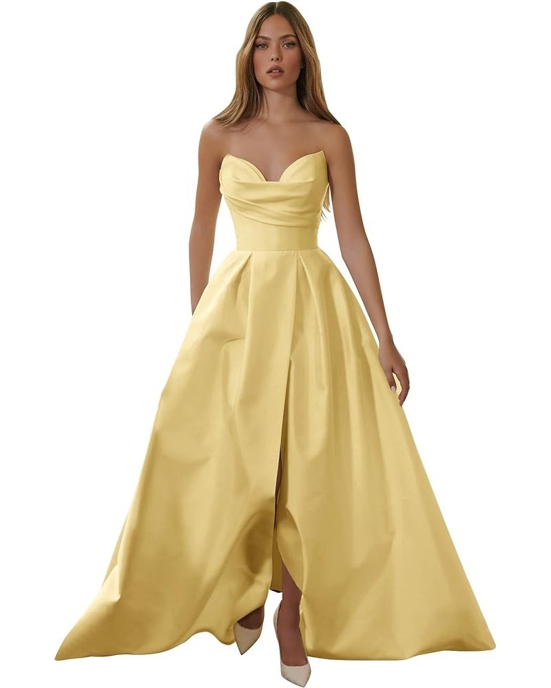 Strapless Sweetheart Prom Dresses Long A Line Slit Satin Formal Evening Party Gown Yellow $45.04 Dresses