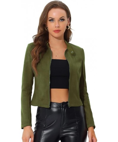 Women's Faux Suede Jacket Stand Collar Zip Up Long Sleeve Motorcycle Biker Coat Army Green $22.20 Coats