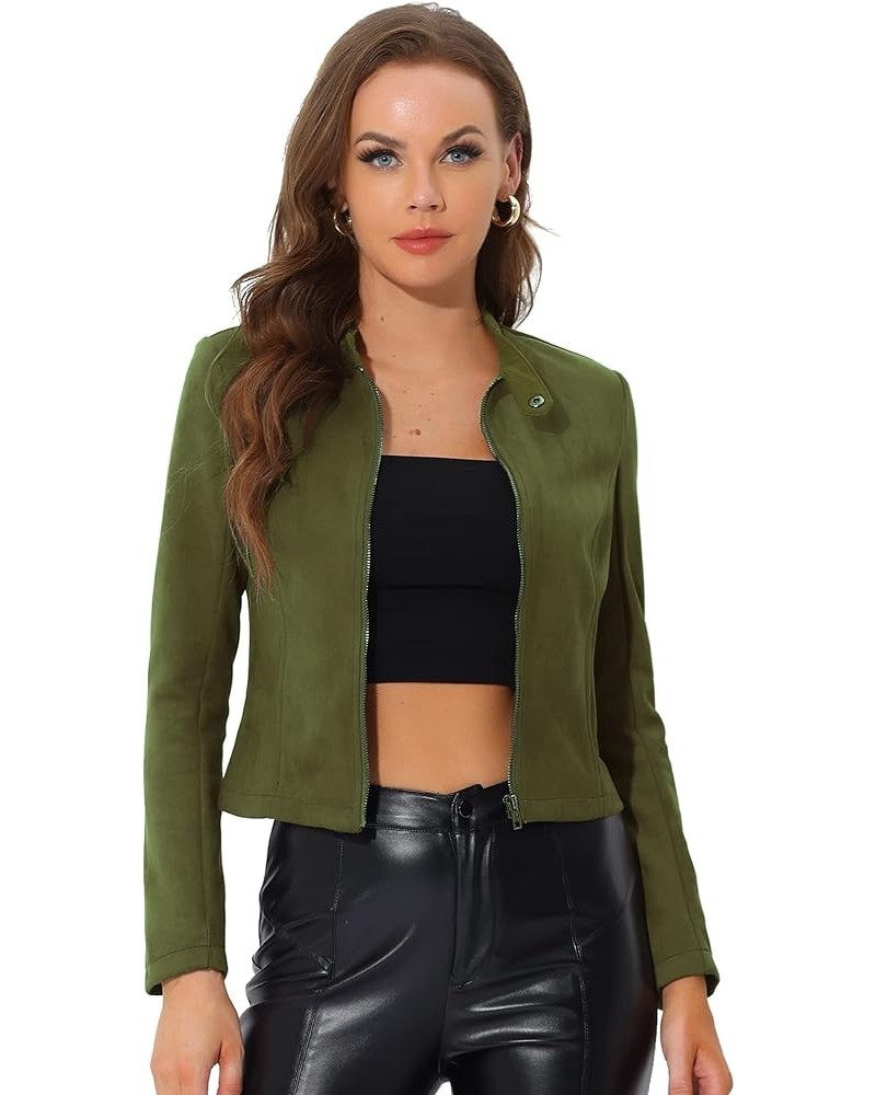 Women's Faux Suede Jacket Stand Collar Zip Up Long Sleeve Motorcycle Biker Coat Army Green $22.20 Coats