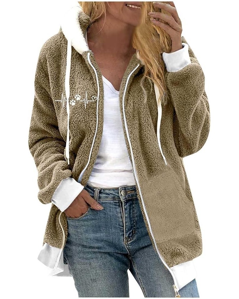 Fleece Coat for Women Color Block Jacket Zip Up Coat Faux Fur Jacket Hooded Warm Coat Winter Casual Jackets 43-khaki $9.50 Ja...