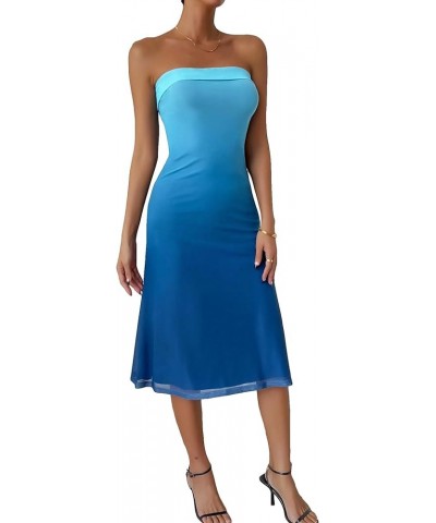 Women's Solid Mesh Strapless Backless Tube Bodycon Party Midi Club Dress Blue Solid Plain $23.21 Dresses