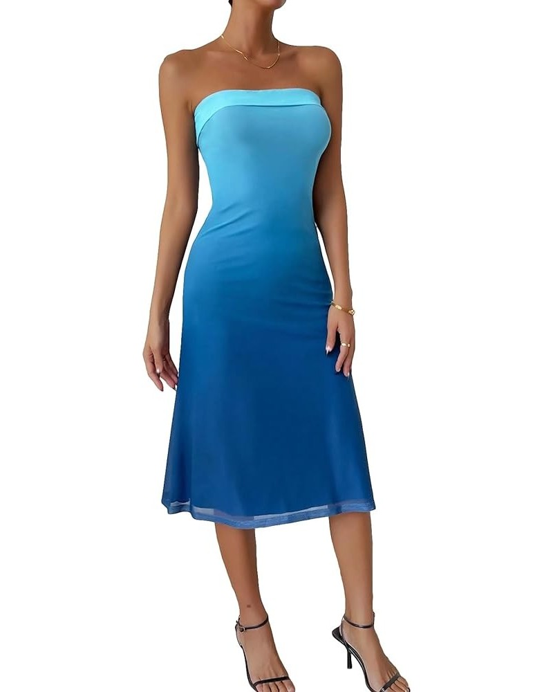 Women's Solid Mesh Strapless Backless Tube Bodycon Party Midi Club Dress Blue Solid Plain $23.21 Dresses