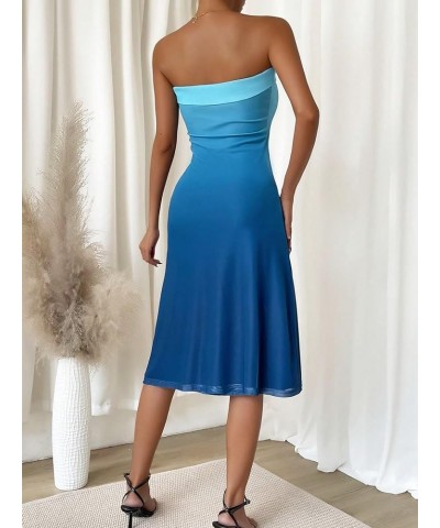 Women's Solid Mesh Strapless Backless Tube Bodycon Party Midi Club Dress Blue Solid Plain $23.21 Dresses