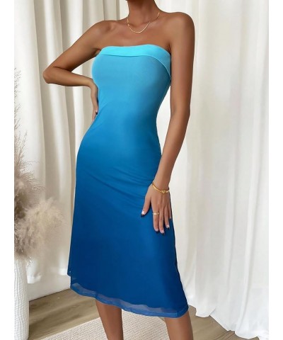 Women's Solid Mesh Strapless Backless Tube Bodycon Party Midi Club Dress Blue Solid Plain $23.21 Dresses