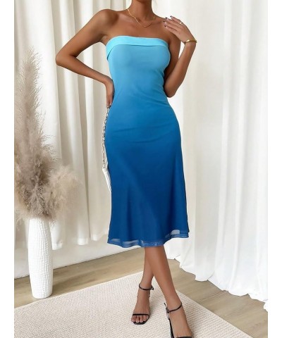 Women's Solid Mesh Strapless Backless Tube Bodycon Party Midi Club Dress Blue Solid Plain $23.21 Dresses