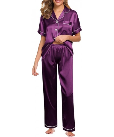 Silk Pajamas for Women Shorts Set Long Button Pajama Sets for Women Soft Silk Pajama Shorts Tops Set Purple-a $9.06 Sleep & L...