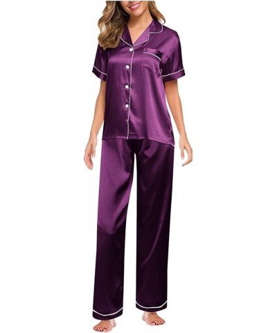 Silk Pajamas for Women Shorts Set Long Button Pajama Sets for Women Soft Silk Pajama Shorts Tops Set Purple-a $9.06 Sleep & L...