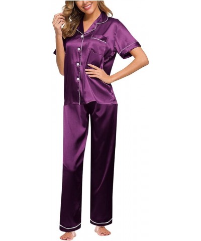 Silk Pajamas for Women Shorts Set Long Button Pajama Sets for Women Soft Silk Pajama Shorts Tops Set Purple-a $9.06 Sleep & L...