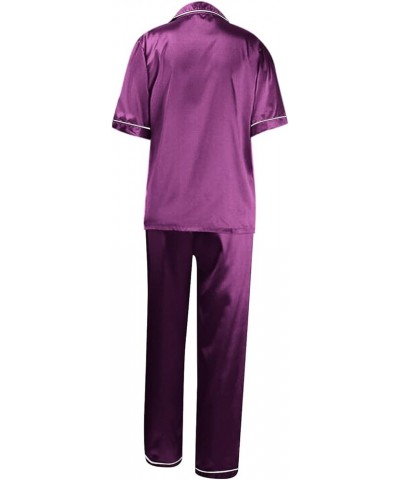 Silk Pajamas for Women Shorts Set Long Button Pajama Sets for Women Soft Silk Pajama Shorts Tops Set Purple-a $9.06 Sleep & L...