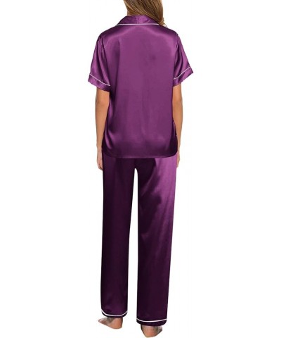 Silk Pajamas for Women Shorts Set Long Button Pajama Sets for Women Soft Silk Pajama Shorts Tops Set Purple-a $9.06 Sleep & L...