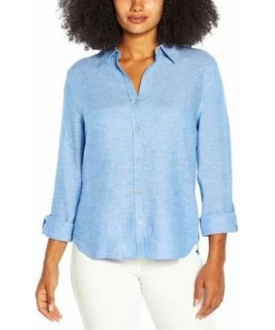 Women's Top Size XL Long-Sleeve Button Front Linen Blend Blue $12.88 Blouses