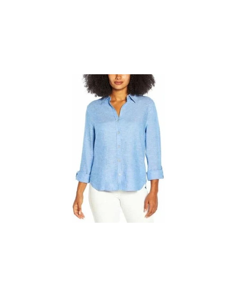 Women's Top Size XL Long-Sleeve Button Front Linen Blend Blue $12.88 Blouses