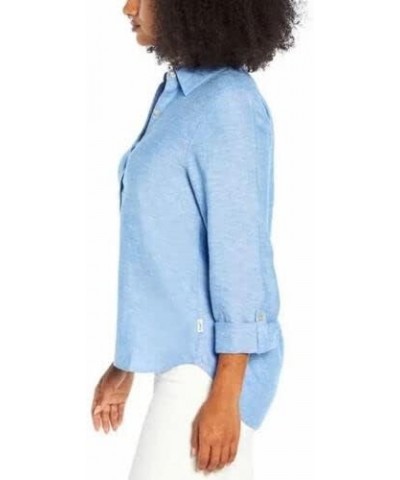 Women's Top Size XL Long-Sleeve Button Front Linen Blend Blue $12.88 Blouses