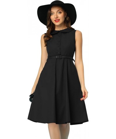 Peter Pan Collar Vintage Retro Dresses for Women's Doll Collar Sleeveless Cotton a Line Shirt Dress Black $21.93 Dresses