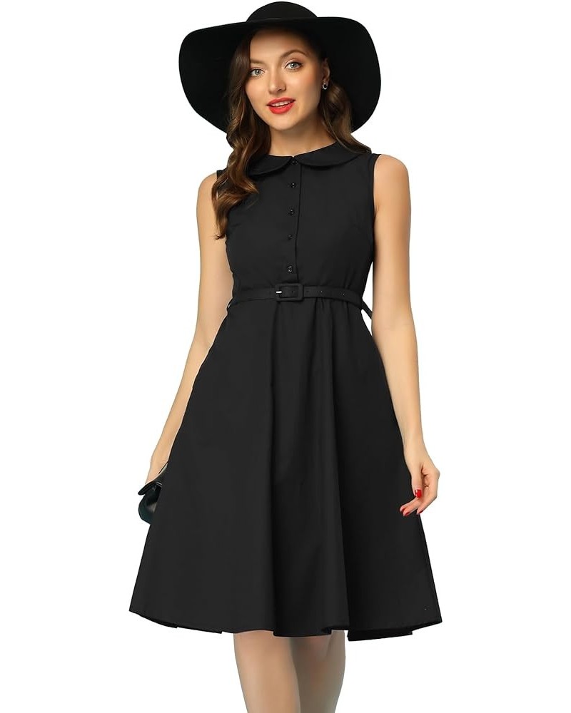 Peter Pan Collar Vintage Retro Dresses for Women's Doll Collar Sleeveless Cotton a Line Shirt Dress Black $21.93 Dresses