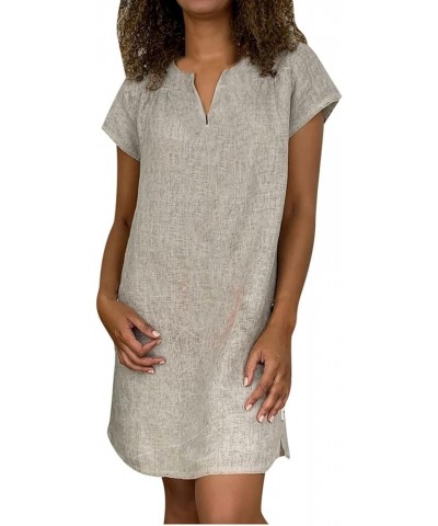 Summer Dresses for Women 2024 Casual Loose V-Neck Solid Short Sleeve Cotton and Linen Dress Beach Vacation Sundress Gray $5.0...