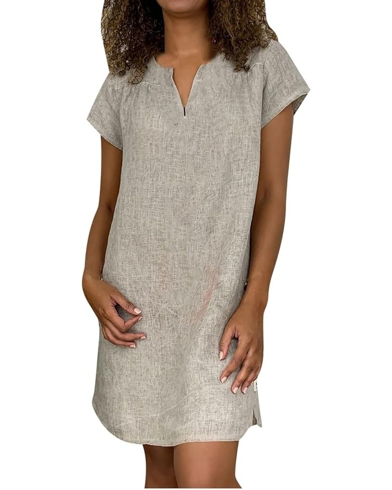 Summer Dresses for Women 2024 Casual Loose V-Neck Solid Short Sleeve Cotton and Linen Dress Beach Vacation Sundress Gray $5.0...