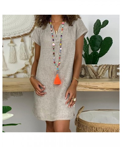 Summer Dresses for Women 2024 Casual Loose V-Neck Solid Short Sleeve Cotton and Linen Dress Beach Vacation Sundress Gray $5.0...