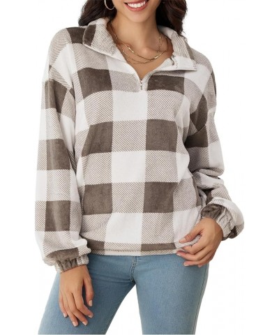 Women's Plaid Half Zip Sweatshirt Quarter Zip Sherpa Fleece Pullover Fall Clothes White and Grey $12.75 Jackets