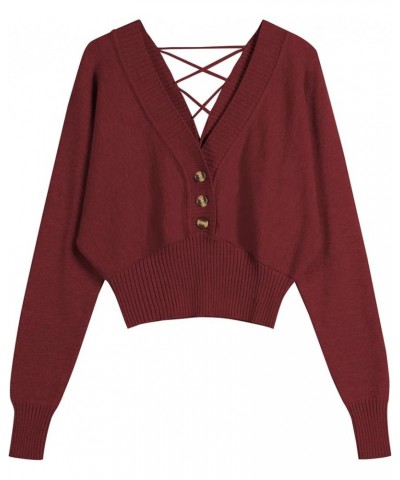 Women V Neck Button Knit Crop Sweaters Batwing Sleeve V Back Ribbed Hem Pullover Sweater A-dark Red $22.90 Sweaters