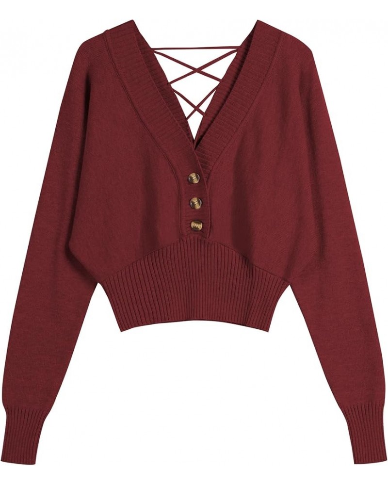 Women V Neck Button Knit Crop Sweaters Batwing Sleeve V Back Ribbed Hem Pullover Sweater A-dark Red $22.90 Sweaters