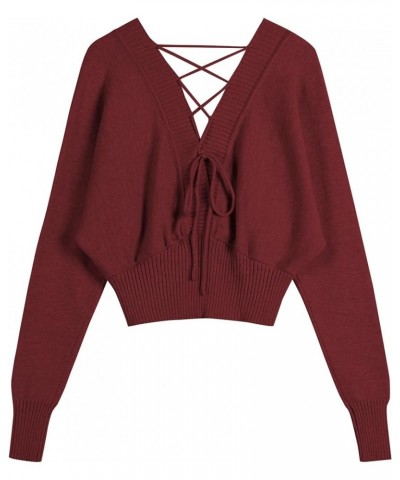 Women V Neck Button Knit Crop Sweaters Batwing Sleeve V Back Ribbed Hem Pullover Sweater A-dark Red $22.90 Sweaters