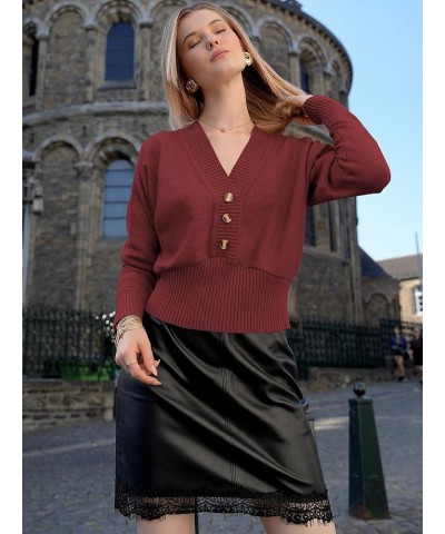 Women V Neck Button Knit Crop Sweaters Batwing Sleeve V Back Ribbed Hem Pullover Sweater A-dark Red $22.90 Sweaters