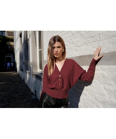 Women V Neck Button Knit Crop Sweaters Batwing Sleeve V Back Ribbed Hem Pullover Sweater A-dark Red $22.90 Sweaters