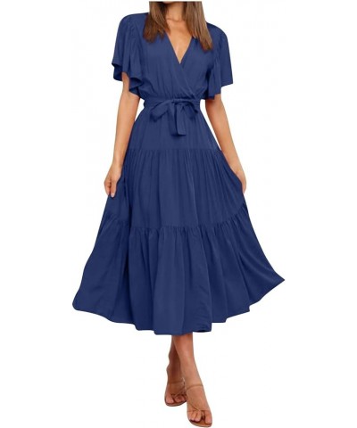 Women's Plus Size Maxi Dresses Solid Color Short Sleeve Neck Waist Long Boho Dress Casual Cocktail Dresses Blue $11.75 Dresses