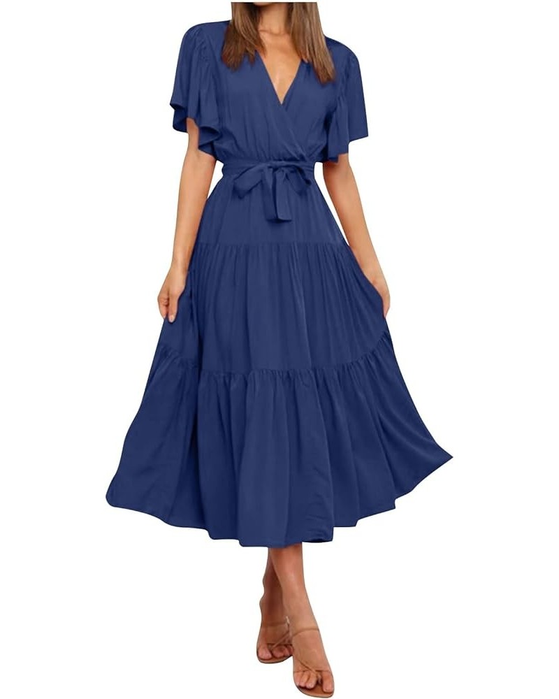 Women's Plus Size Maxi Dresses Solid Color Short Sleeve Neck Waist Long Boho Dress Casual Cocktail Dresses Blue $11.75 Dresses