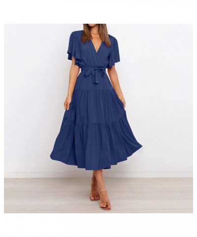 Women's Plus Size Maxi Dresses Solid Color Short Sleeve Neck Waist Long Boho Dress Casual Cocktail Dresses Blue $11.75 Dresses