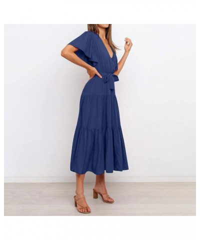 Women's Plus Size Maxi Dresses Solid Color Short Sleeve Neck Waist Long Boho Dress Casual Cocktail Dresses Blue $11.75 Dresses