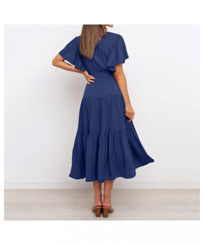 Women's Plus Size Maxi Dresses Solid Color Short Sleeve Neck Waist Long Boho Dress Casual Cocktail Dresses Blue $11.75 Dresses