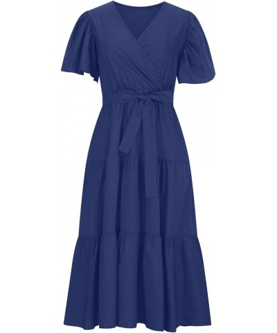 Women's Plus Size Maxi Dresses Solid Color Short Sleeve Neck Waist Long Boho Dress Casual Cocktail Dresses Blue $11.75 Dresses