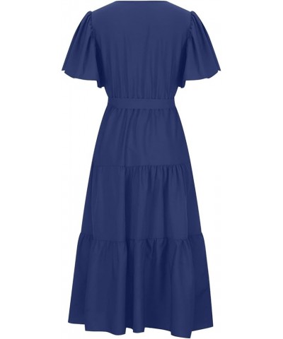 Women's Plus Size Maxi Dresses Solid Color Short Sleeve Neck Waist Long Boho Dress Casual Cocktail Dresses Blue $11.75 Dresses