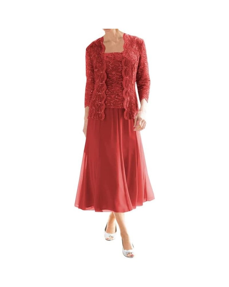 Mother of The Bride Dresses with Jacket Chiffon Tea Length Wedding Guest Dresses for Women Lace Formal Evening Dress Red $32....