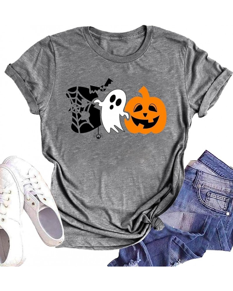 Womens Halloween Shirts Cute Bat Ghost T-Shirt Pumpkin Short Sleeve Top Boo Shirt Hallowmas Gift Shirt Fall Tee Tops Boo-grey...