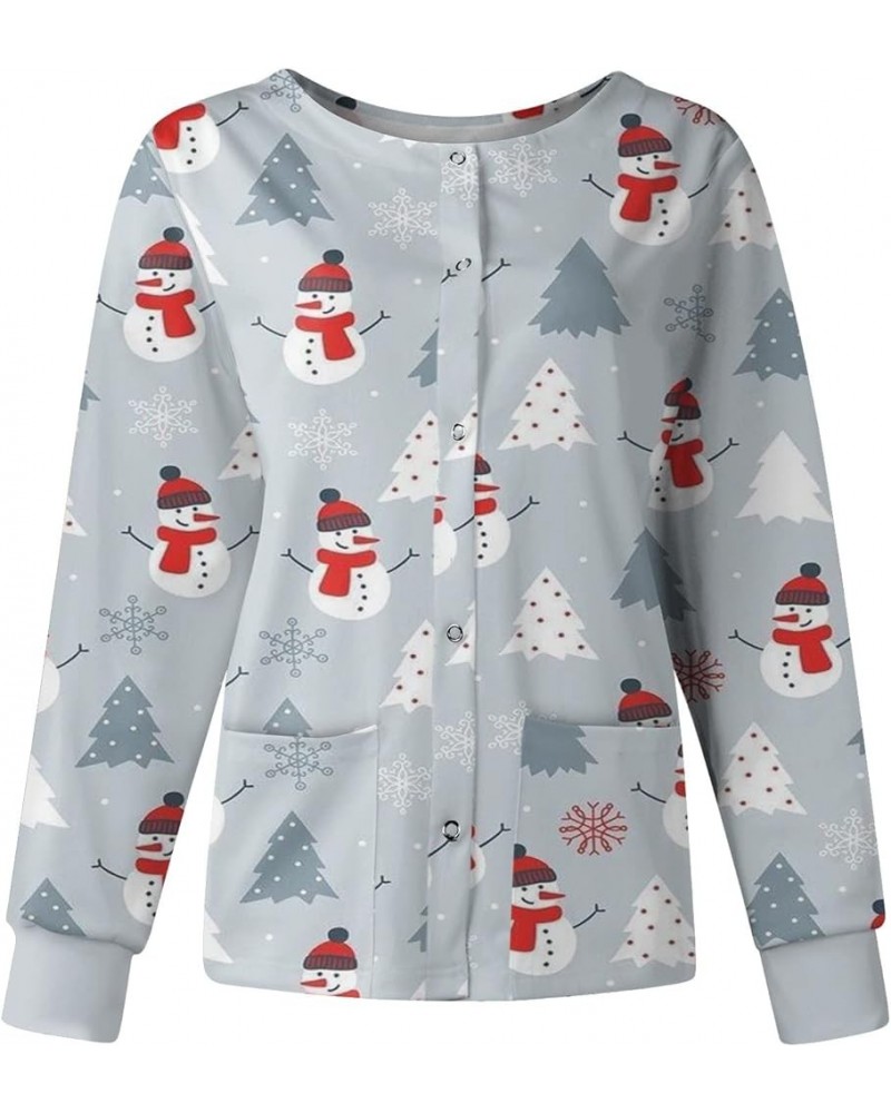 Christmas Scrubs for Women Printed Scrubs Jacket Snap Front Cute Pattern Long Sleeve Scrub Tops Working Uniforms 03-gray $5.3...