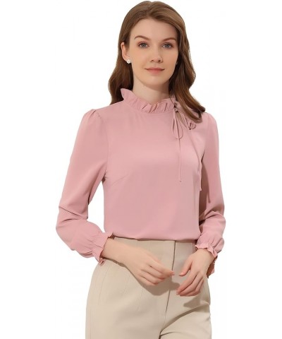 Women's Elegant Long Sleeve Blouse Ruffle Tie Neck Business Work Top Pink $13.86 Blouses