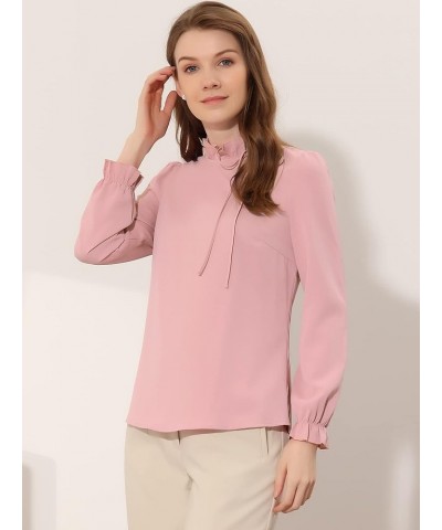 Women's Elegant Long Sleeve Blouse Ruffle Tie Neck Business Work Top Pink $13.86 Blouses