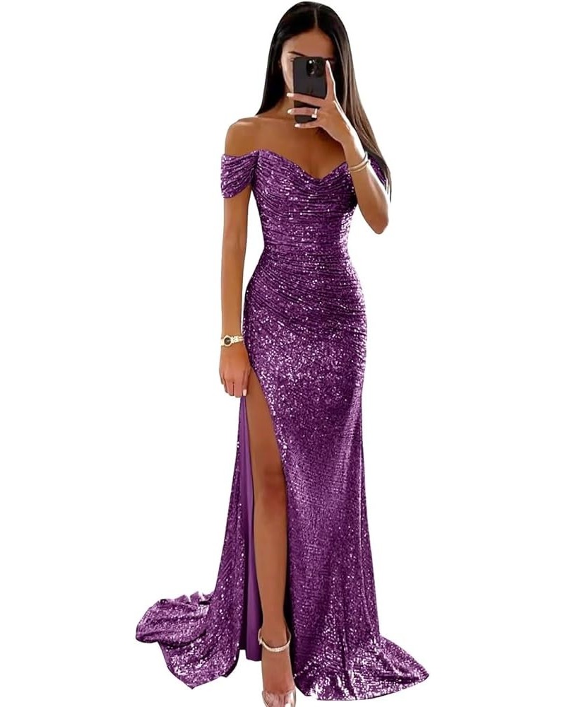 Off Shoulder Sequin Prom Dresses Mermaid Long with Slit Formal Party Evening Gown Purple $23.65 Dresses