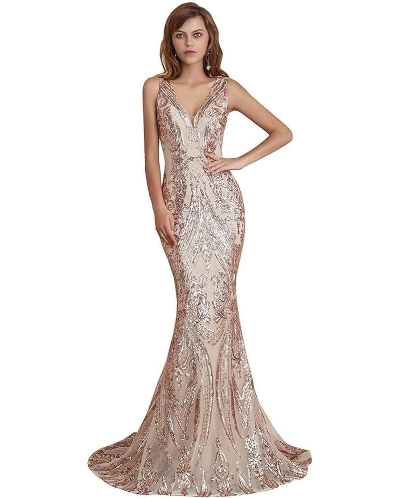 Mermaid V Neck Evening Dresses Sequind Prom Dresses Women's Party Dress Celebrity Pageant Gowns Rose Gold $43.40 Dresses