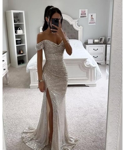 Off Shoulder Sequin Prom Dresses Mermaid Long with Slit Formal Party Evening Gown Purple $23.65 Dresses