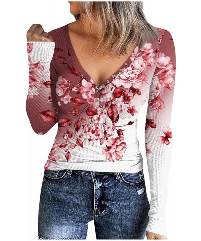 Long Sleeve Tops for Women Sexy Button Down Deep V-Neck T Shirts Floral Print Fitted Shirts Tight Tee 03-wine $9.32 T-Shirts