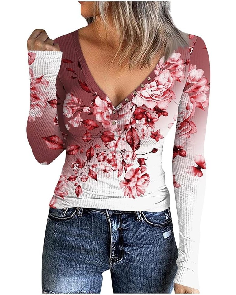 Long Sleeve Tops for Women Sexy Button Down Deep V-Neck T Shirts Floral Print Fitted Shirts Tight Tee 03-wine $9.32 T-Shirts