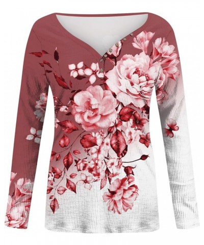 Long Sleeve Tops for Women Sexy Button Down Deep V-Neck T Shirts Floral Print Fitted Shirts Tight Tee 03-wine $9.32 T-Shirts