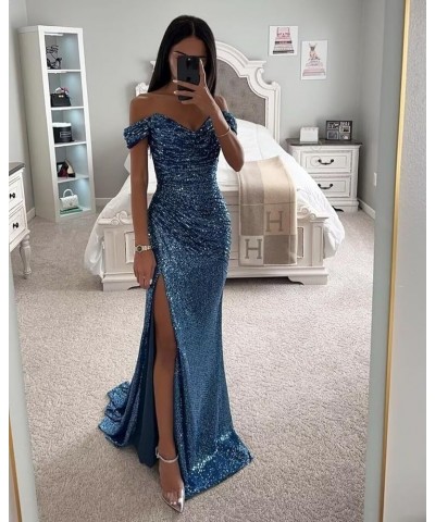 Off Shoulder Sequin Prom Dresses Mermaid Long with Slit Formal Party Evening Gown Purple $23.65 Dresses