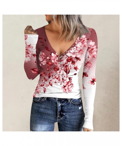 Long Sleeve Tops for Women Sexy Button Down Deep V-Neck T Shirts Floral Print Fitted Shirts Tight Tee 03-wine $9.32 T-Shirts