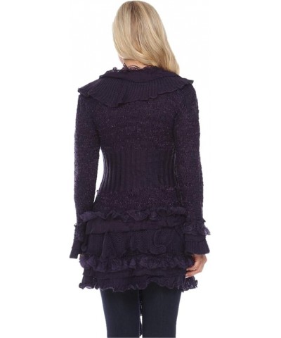 Women's Winter Casual Open Front Pom Pom Long Sleeve Crochet Knit Cardigan Sweater Purple $31.79 Blouses